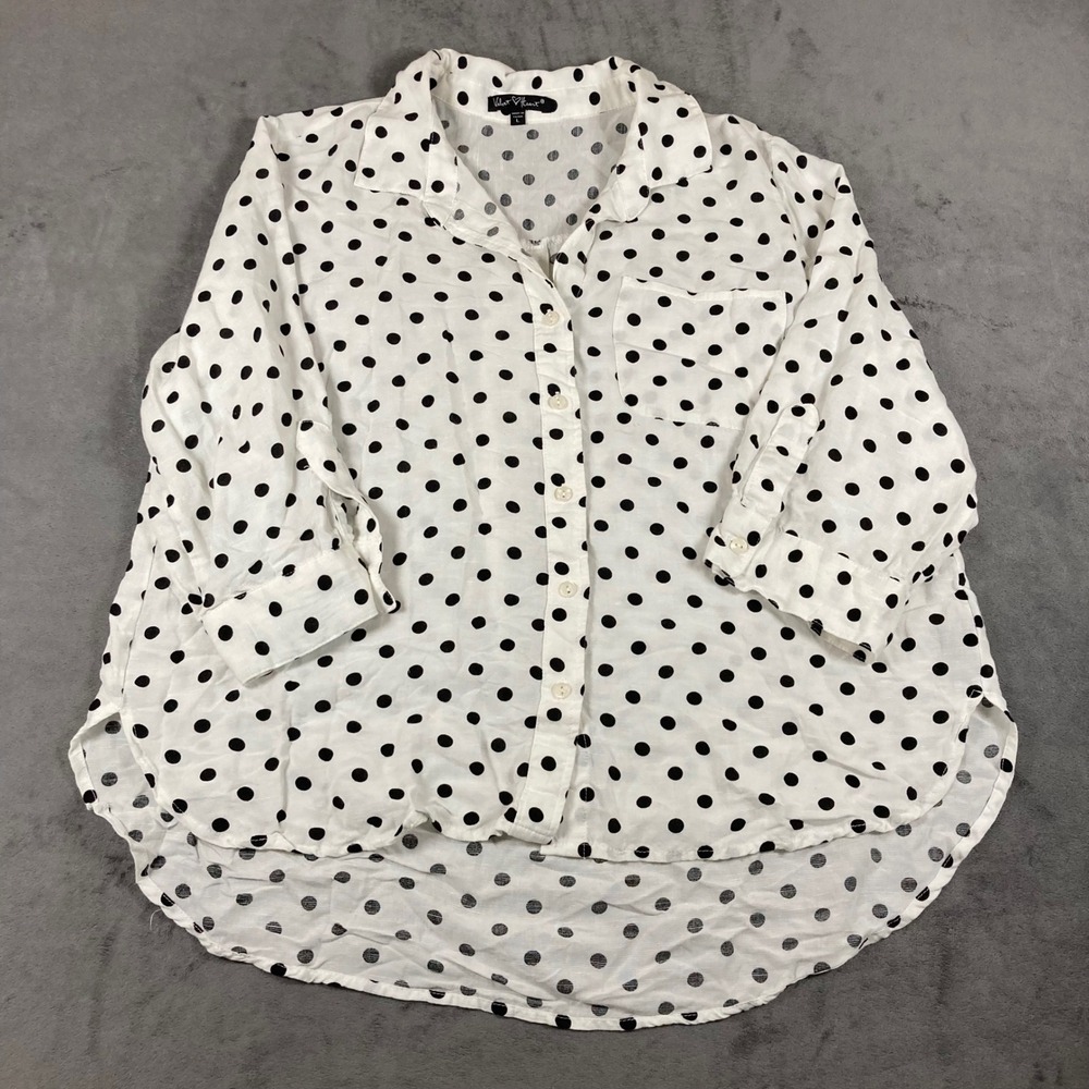 Velvet Heart Polka Dot Button Down Shirt Rayon Linen Blend White Black Size L